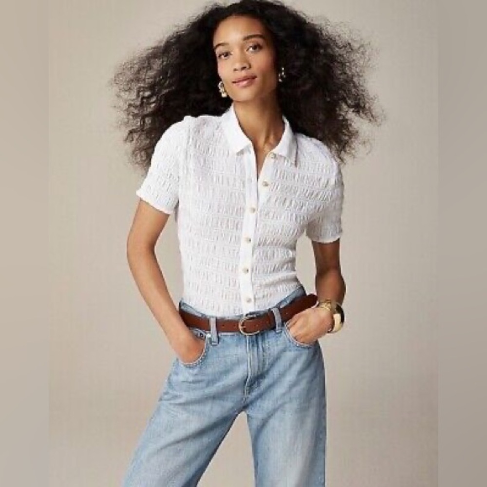 J.Crew Smocked Button-Up Shirt in Cotton-Blend Voile White Size S